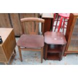 A MID 20TH CENTURY THREE TIER TABLE WITH CANTED CORNERS 16" SQUARE AND RETRO TEAK CARVED CHAIR