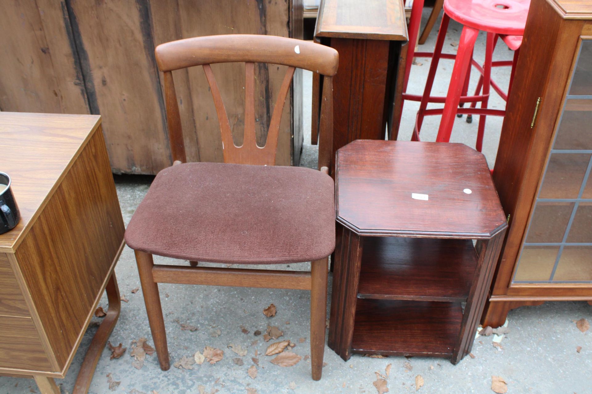 A MID 20TH CENTURY THREE TIER TABLE WITH CANTED CORNERS 16" SQUARE AND RETRO TEAK CARVED CHAIR