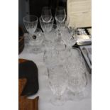 A QUANTITY OF MAINLY CUT GLASS GLASSES, TO INCLUDE BRANDY BALLOONS, WINE, ETC