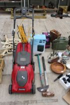 AN ELECTRIC MOUNTFIELD LAWN MOWER, A SLEDGE HAMMER AND A HALF MOON