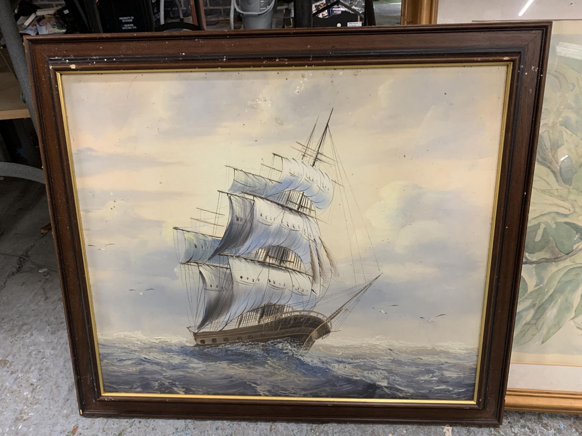 A SIGNED OIL ON CANVAS OF A SAILING SHIP PLUS A FLORAL PRINT - Image 2 of 5