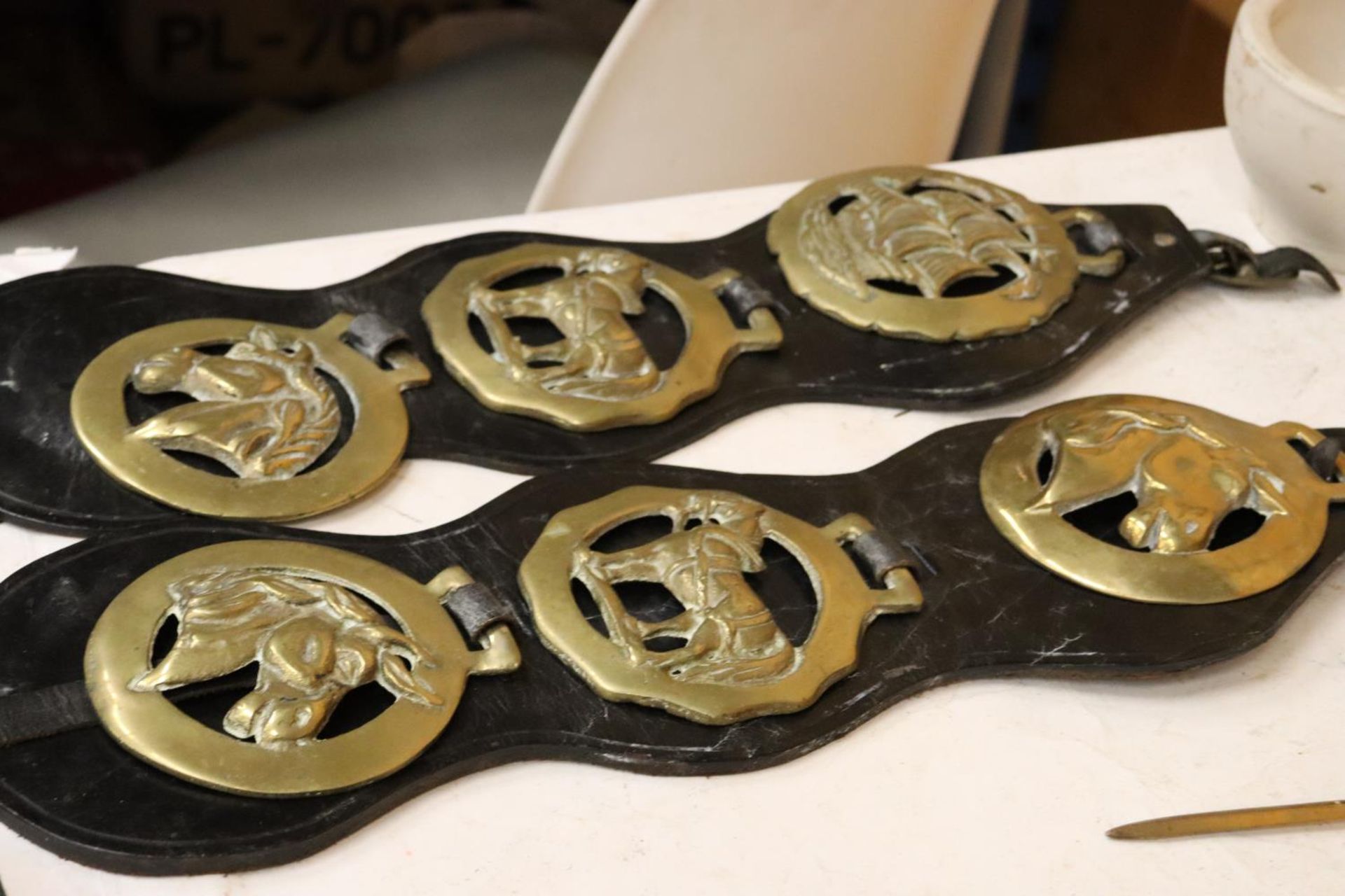 SIX HORSE BRASSES ON LEATHER STRAPS - Image 3 of 4