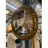 A ROUND CONVEX MIRROR IN GOLD FRAME - APPROXIMATELY 33CM DIAMETER