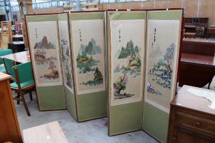 AN ORIENTAL SIX DIVISION SCREEN WITH TAPESTRY AND SILK MOUNTAIN SCENES EACH SECTION IS 60" X 18"