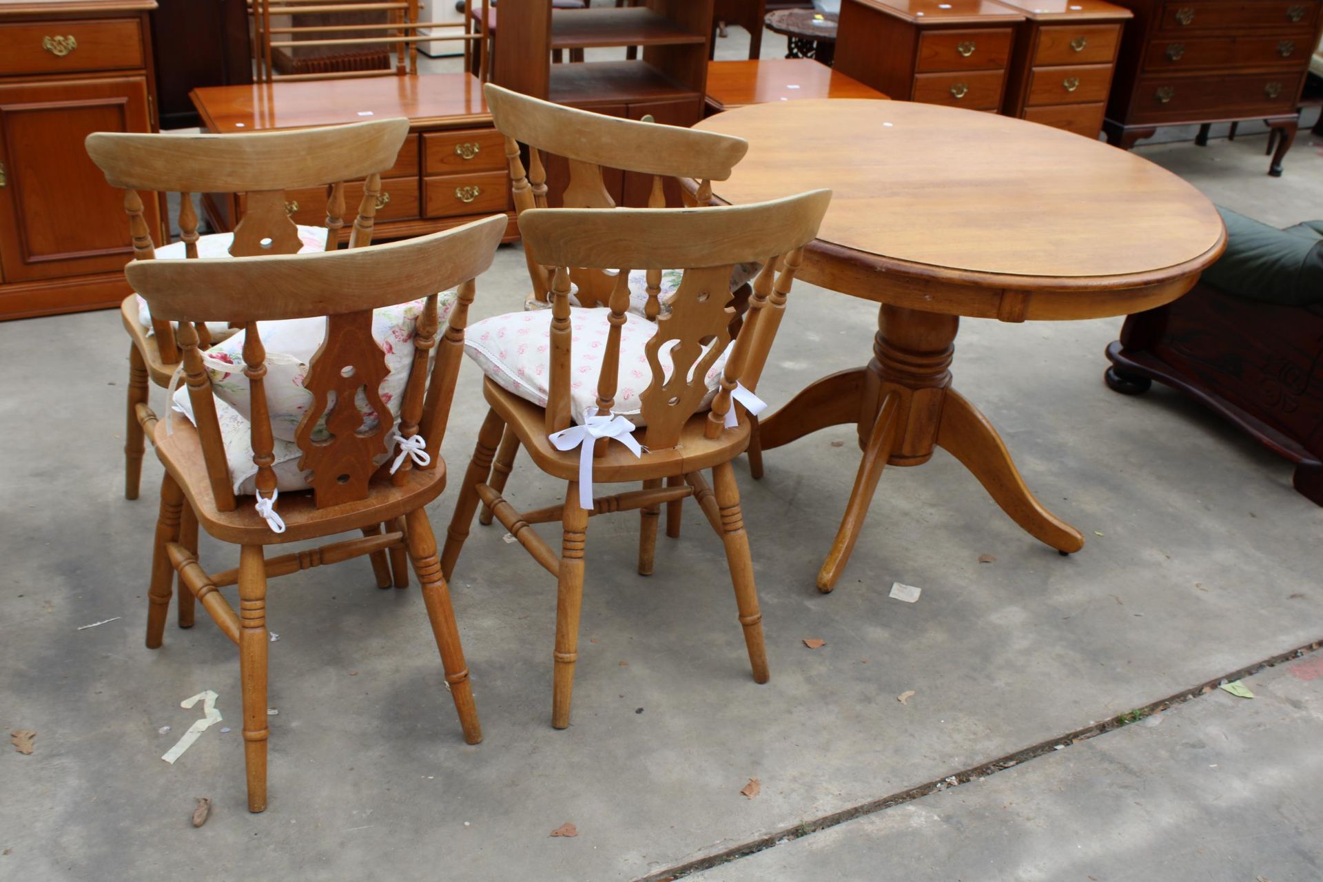 FOUR VICTORIAN STYLE KITCHEN CHAIRS PLUS A 41" DIAMETER PEDESTAL TABLE WITH WOODBLOCK TOP - Image 4 of 4