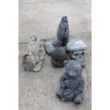 FIVE CONCRETE GARDEN FIGURES TO INCLUDE A SKULL AND A WELCOME SIGN ETC
