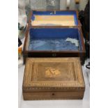 TWO VINTAGE WOODEN BOXES TO INCLUDE ONE WITH MARQUETRY INLAY