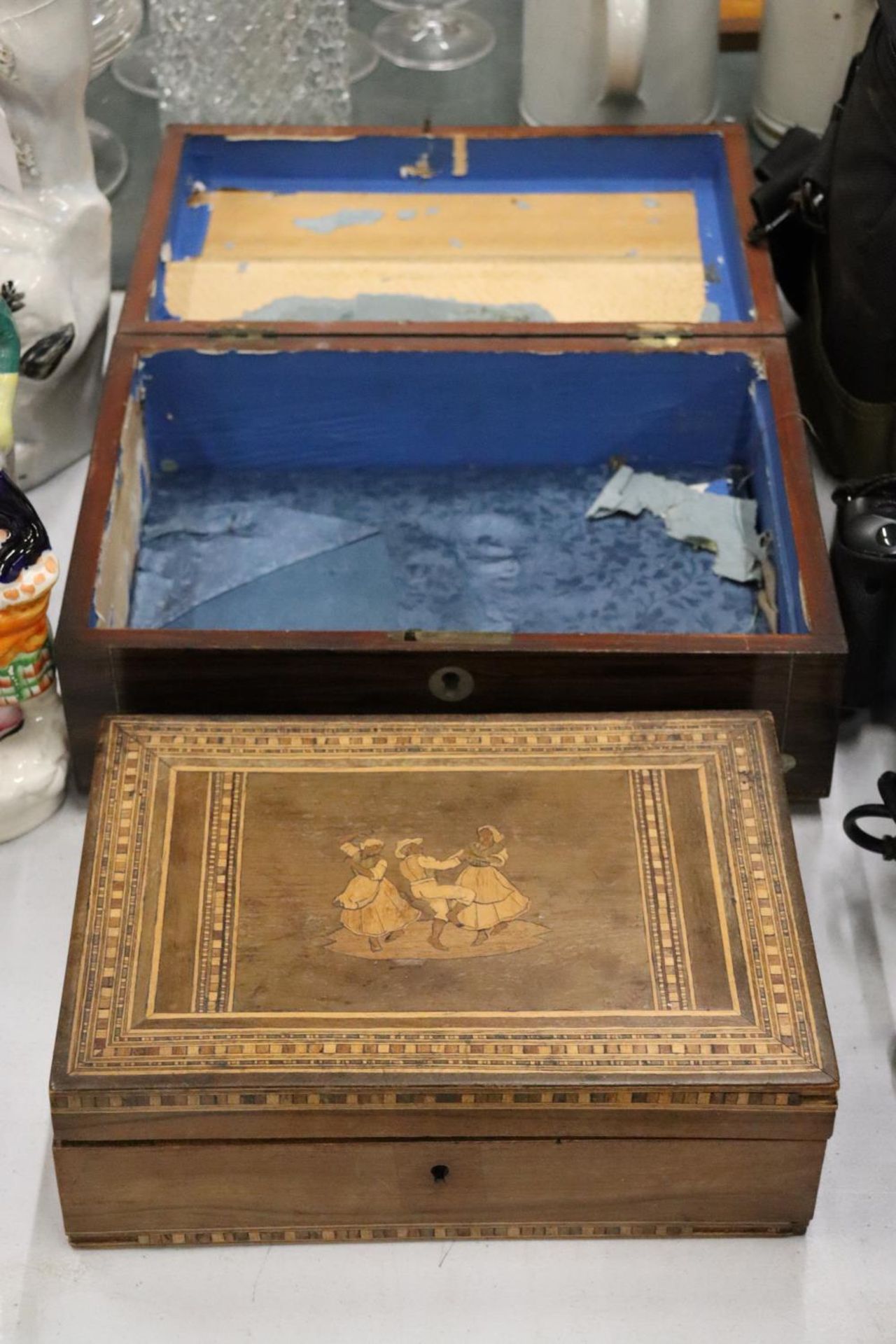 TWO VINTAGE WOODEN BOXES TO INCLUDE ONE WITH MARQUETRY INLAY