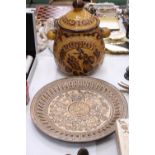 A LARGE WEST GERMAN RUMTOPF, HEIGHT 34CM PLUS A GERMAN CERAMIC PLATE WITH CLASSICAL FIGURE