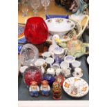 A LARGE MIXED LOT TO INCLUDE A MINIATURE TEASET, NOVELTY SALT AND PEPPER POTS, PAPER WEIGHTS,