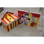 A WOODEN HAND PAINTED 'THE BIG SHOW' SIGN PLUS A HAND PAINTED WOODEN CIRCUS STYLE LIDDED BOX