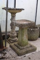 TWO RECONSTITUTED STONE BIRDBATHS WITH PEDESTAL BASES
