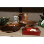A MIXED LOT TO INCLUDE COPPER TRAYS, A CARRIAGE CLOCK, CANDLESTICK, ETC