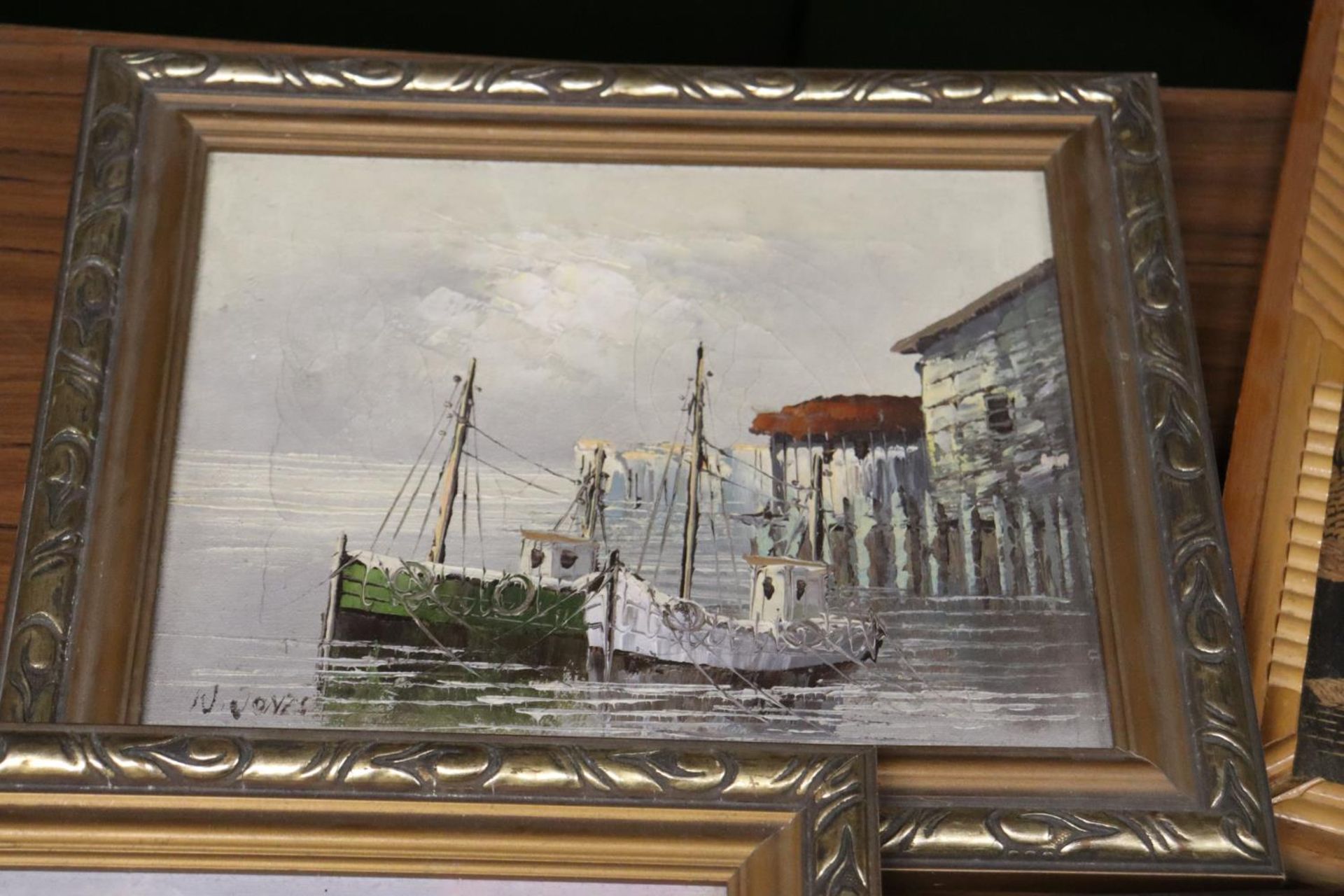 TWO FRAMED OILS ON CANVAS OF BOATS, ONE A/F, A FRAMED 3-D IMAGE OF A FISHERMAN IN A BOAT, PLUS A - Image 3 of 5