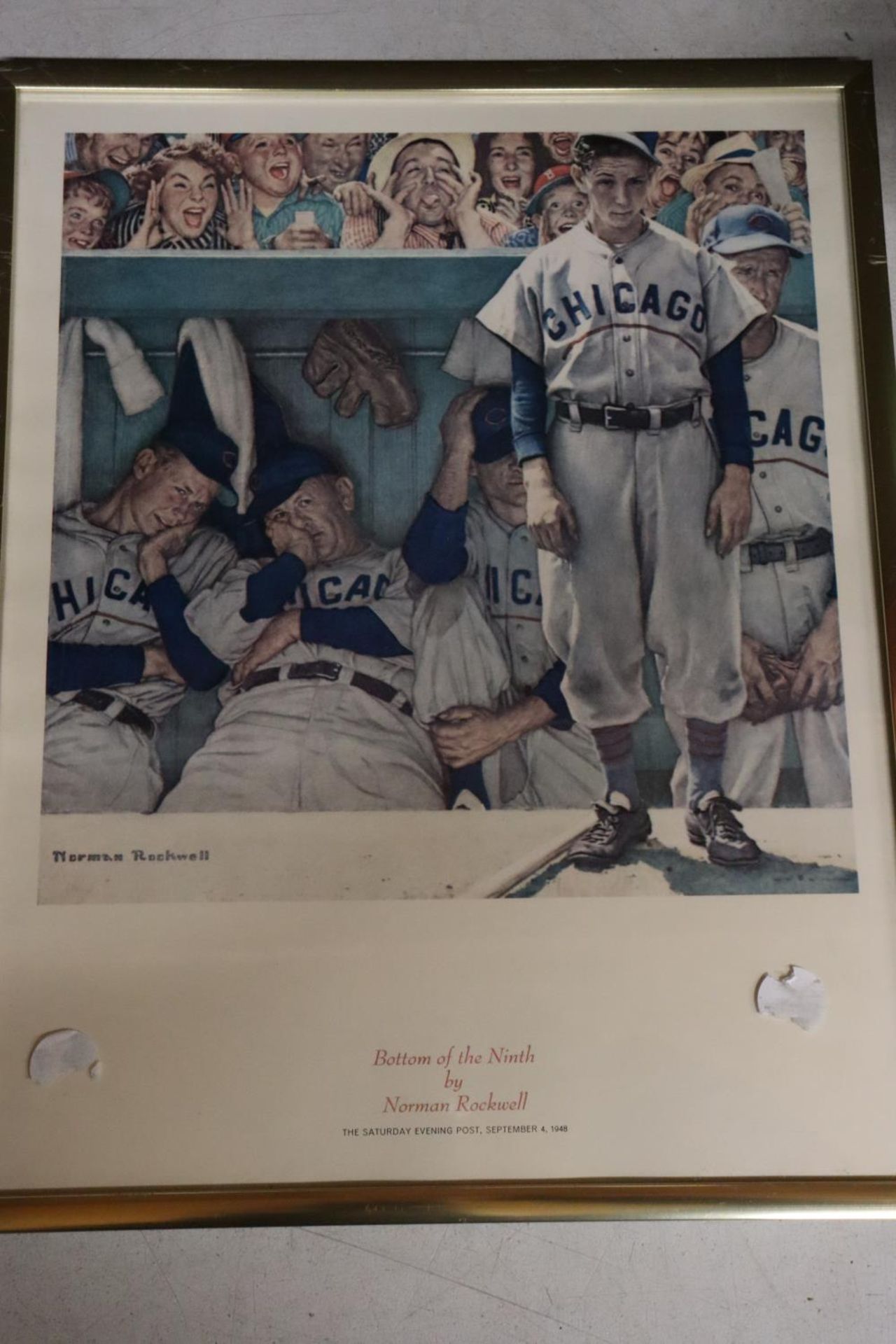 A FRAMED NORMAN ROCKWELL BASEBALL PRINT, 'BOTTOM OF THE NINTH' - Image 2 of 5