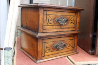 A VINTAGE MINIATURE OAK CHEST OF TWO DRAWERS WITH BRASS HANDLES