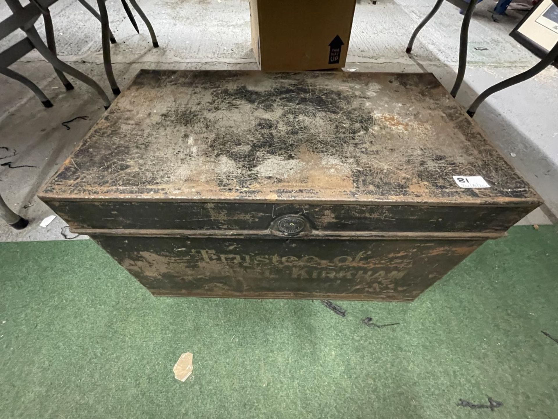 A LARGE METAL DEED BOX MADE IN TUNSTALL LABELLED TRUSTEE OF SAMUEL KIRKHAM DECEASED