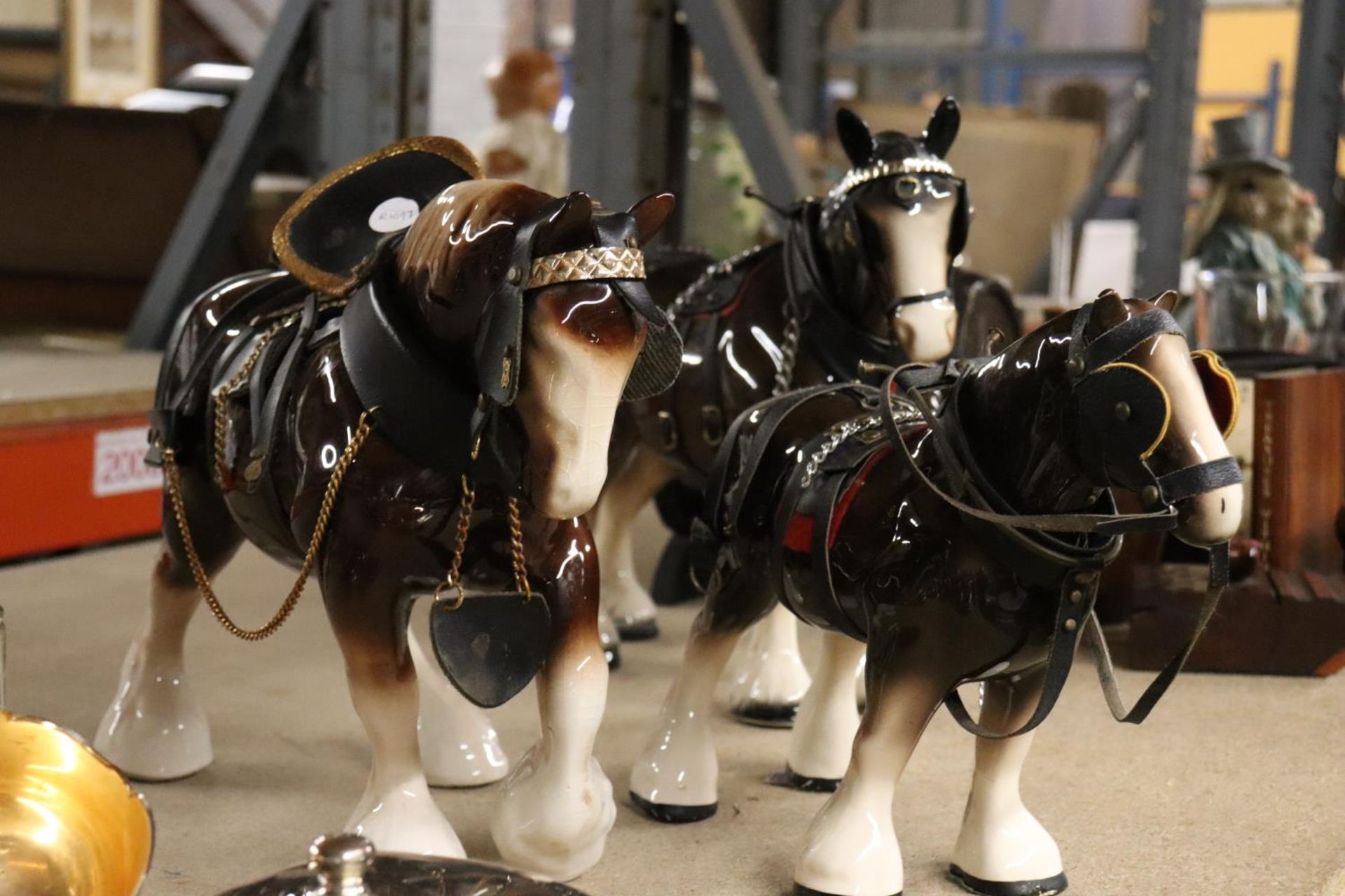 THREE LARGE CERAMIC SHIRE HORSE FIGURES WITH HARNESSES - Image 6 of 6