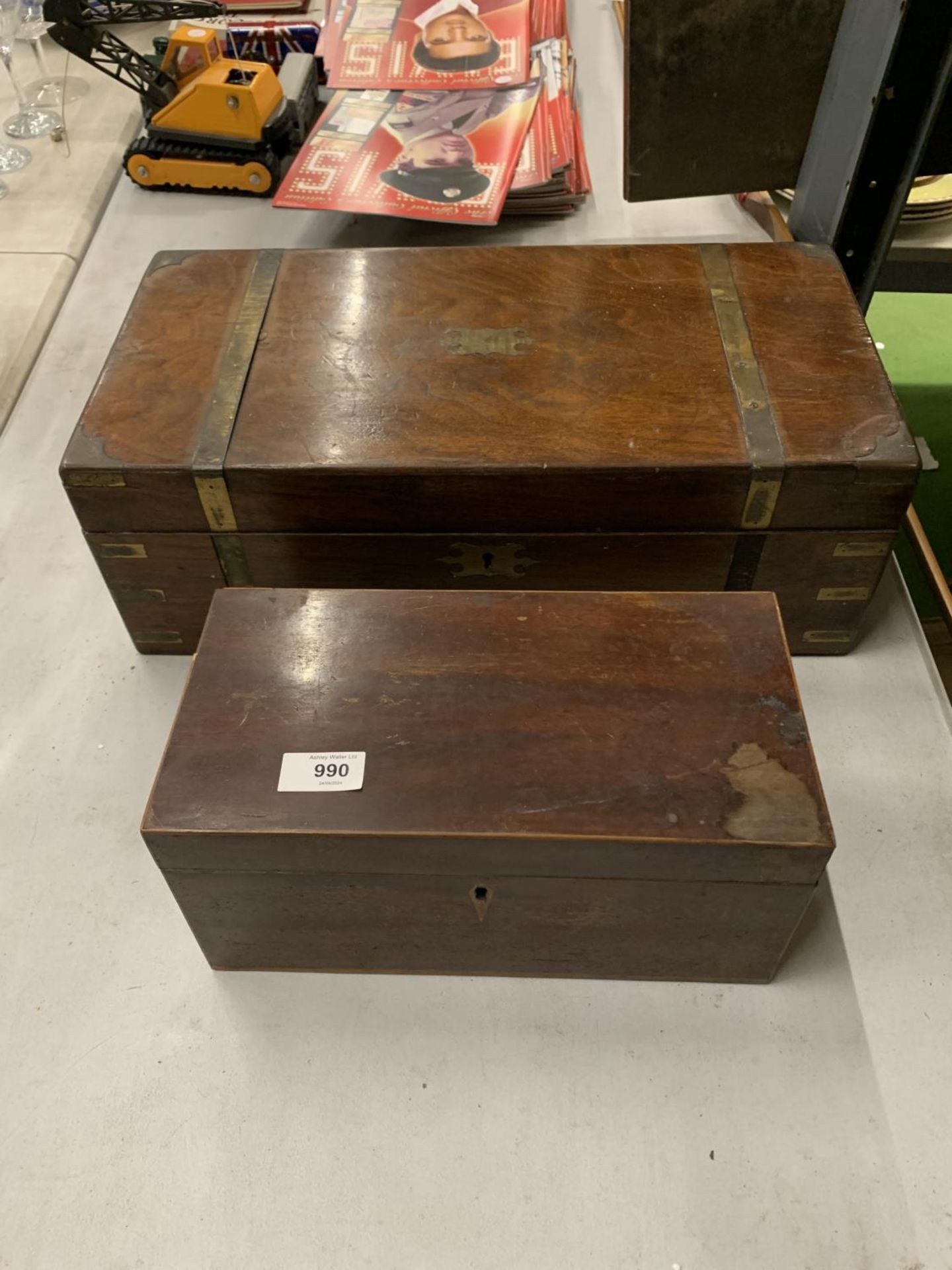 TWO VINTAGE BOXES TO INCLUDE ONE WITH BRASS BINDING