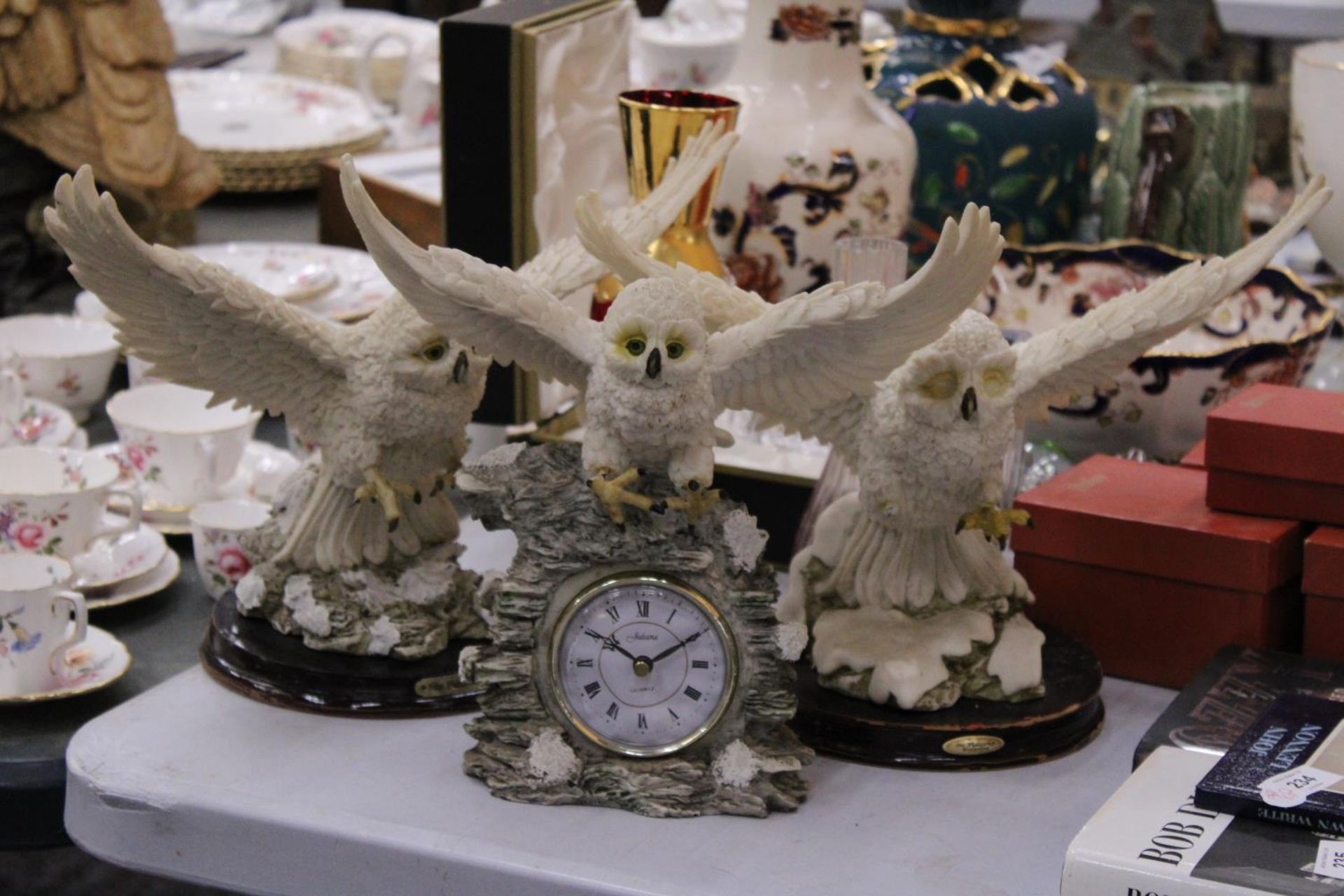 THREE LARGE RESIN 'JULIANA' MODELS OF OWLS TO INCLUDE A CLOCK
