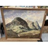 A LARGE FRAMED OIL ON CANVAS OF A MOUNTAIN SCENE WITH A WINDING ROAD SIGNED TO LOWER RIGHT HAND