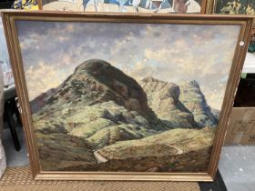 A LARGE FRAMED OIL ON CANVAS OF A MOUNTAIN SCENE WITH A WINDING ROAD SIGNED TO LOWER RIGHT HAND