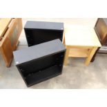 A MODERN TWO TIER LAMP TABLE AND PAIR OF BLACK SHELVING UNITS