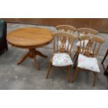 FOUR VICTORIAN STYLE KITCHEN CHAIRS PLUS A 41" DIAMETER PEDESTAL TABLE WITH WOODBLOCK TOP