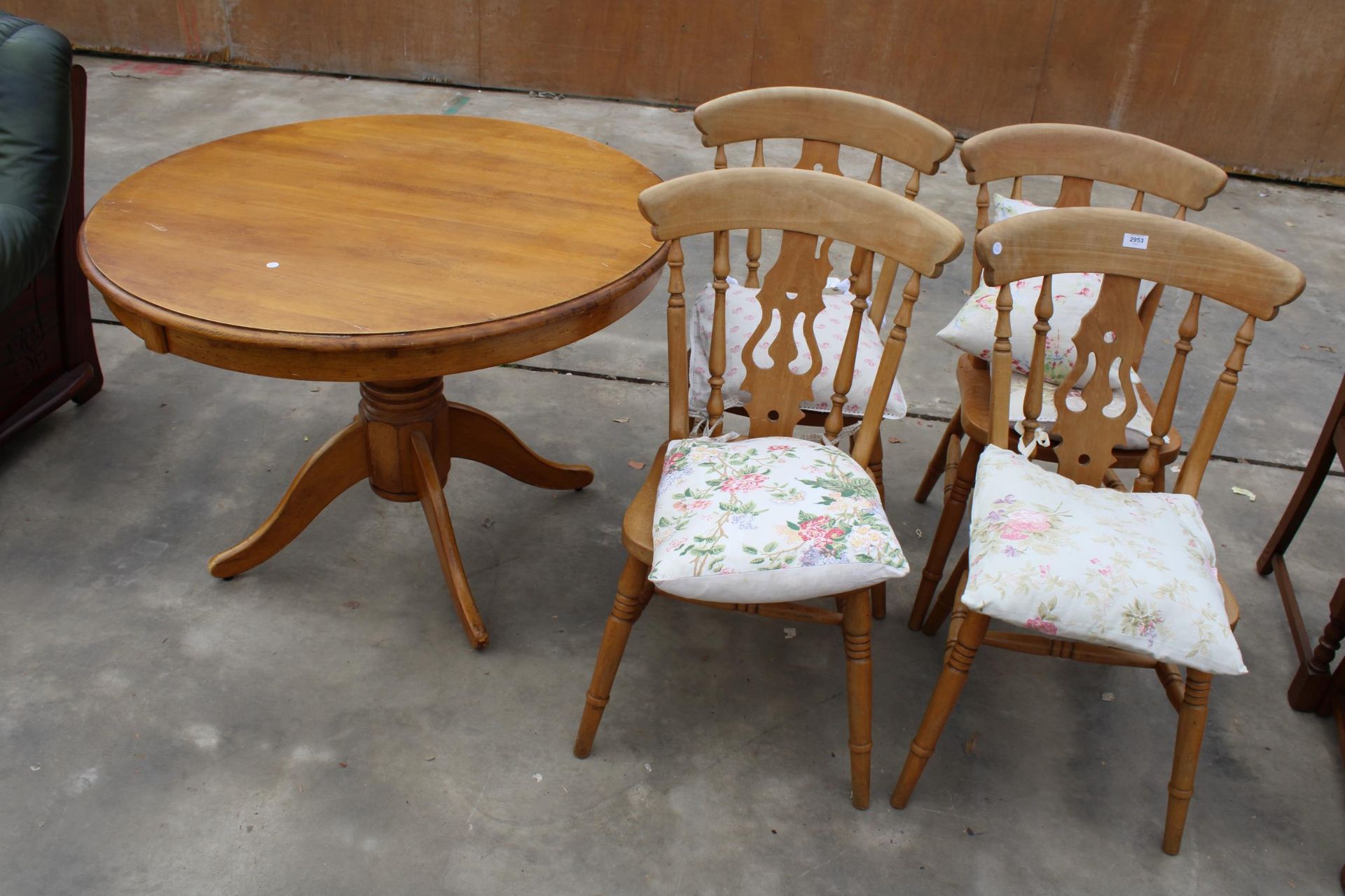 FOUR VICTORIAN STYLE KITCHEN CHAIRS PLUS A 41" DIAMETER PEDESTAL TABLE WITH WOODBLOCK TOP