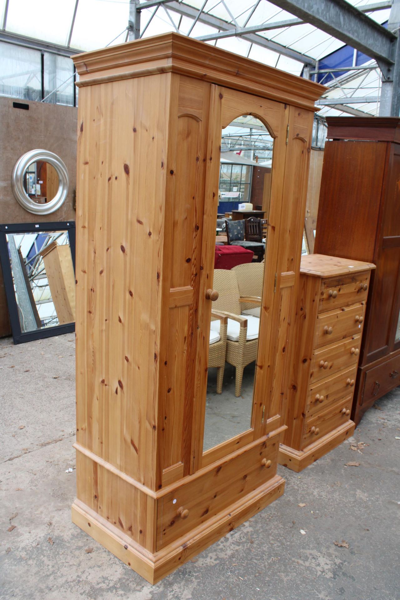 A MODERN PINE SINGLE MIRROR DOOR WARDROBE WITH SINGLE DRAWER TO BASE, 38.5" WIDE