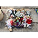 AN ASSORTMENT OF VARIOUS DOLLS AND TEDDIES ETC