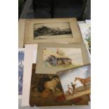 A MIXED LOT OF PICTURES TO INCLUDE A WATERCOLOUR FARM SCENE, A ROYAL MILE OF EDINBURGH PRINT ETC