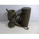 A MID 20TH CENTURY GERMAN GAS MASK AND METAL CONTAINER