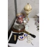 A MIXED LOT TO INCLUDE A FABERGE STYLE EGG, CHINESE GINGER JAR, BAROMETER, COALPORT DECANTER LABELS,