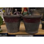 A PAIR OF WW2 GALVANISED RED BAND SAND BUCKETS