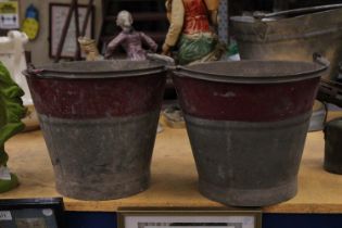 A PAIR OF WW2 GALVANISED RED BAND SAND BUCKETS