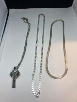 THREE SILVER NECKLACES ONE WITH A CROSS PENDANT