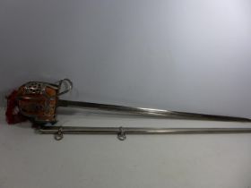 A REPLICA OF A VICTORIAN 1857 PATTERN SCOTTISH BASKET HILTED SWORD AND SCABBARD, 79CM BLADE,