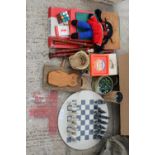 AN ASSORTMENT OF ITEMS TO INCLUDE A MARBLE CHESS SET, VINTAGE MARBLES AND A RETRO FISHER PRICE