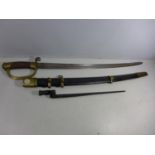 A REPLICA IMPERIAL RUSSIAN COSSACK SWORD AND SCABBARD WITH INTEGRAL BAYONET, 82CM BLADE, LENGTH 98CM