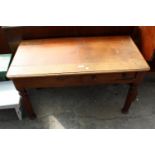 A VICTORIAN MAHOGANY 2 DRAWER SIDE-TABLE, 41" WIDE ON TURNED AND FLUTED LEGS