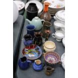 A QUANTITY OF STUDIO POTTERY TO INCLUDE A TEAPOT, CANDLE HOLDER, BOWLS ETC - SOME WITH MARKS TO