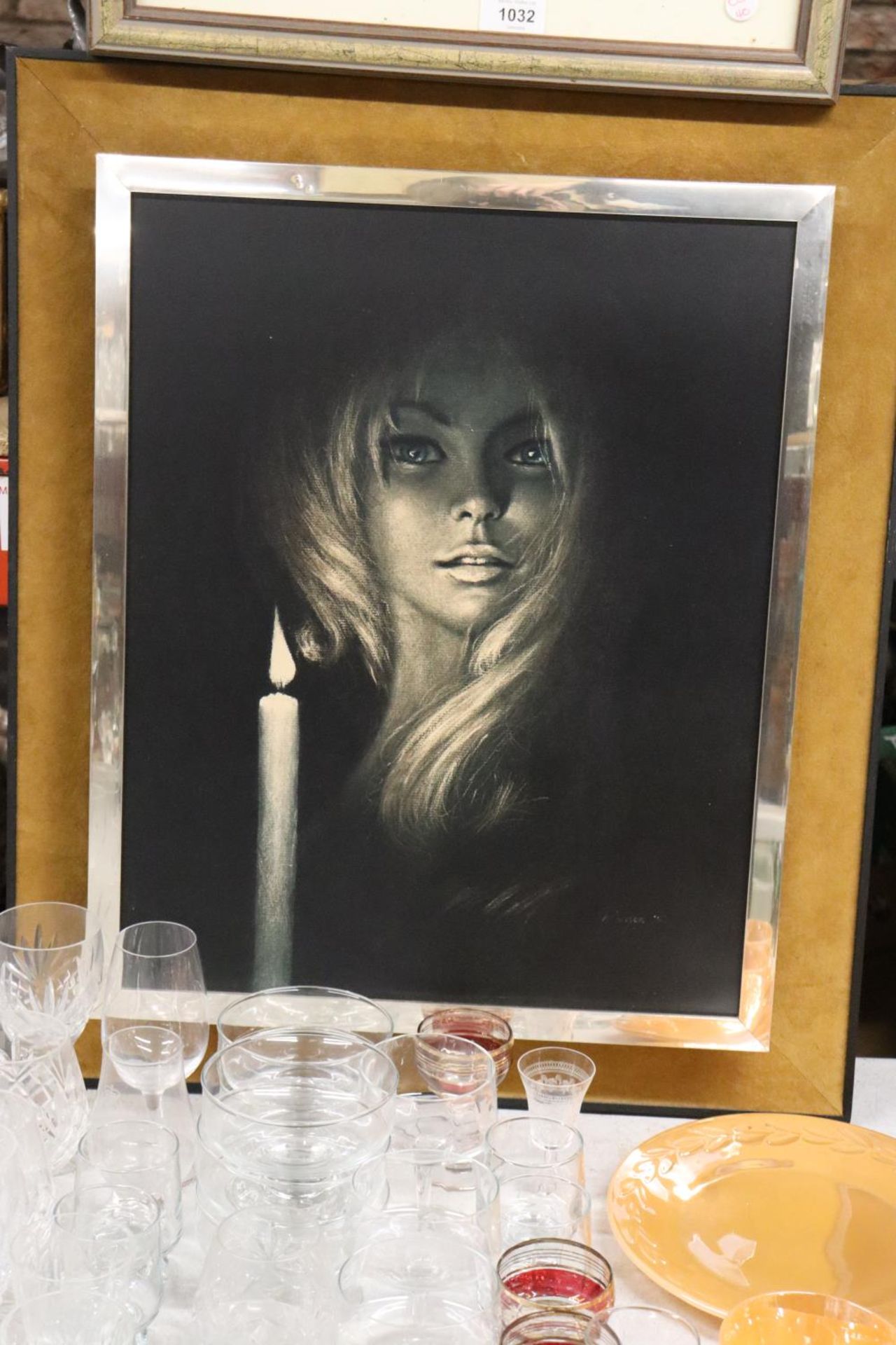 A PRINT OF A LADY BY CANDLELIGHT, 55CM X 65CM