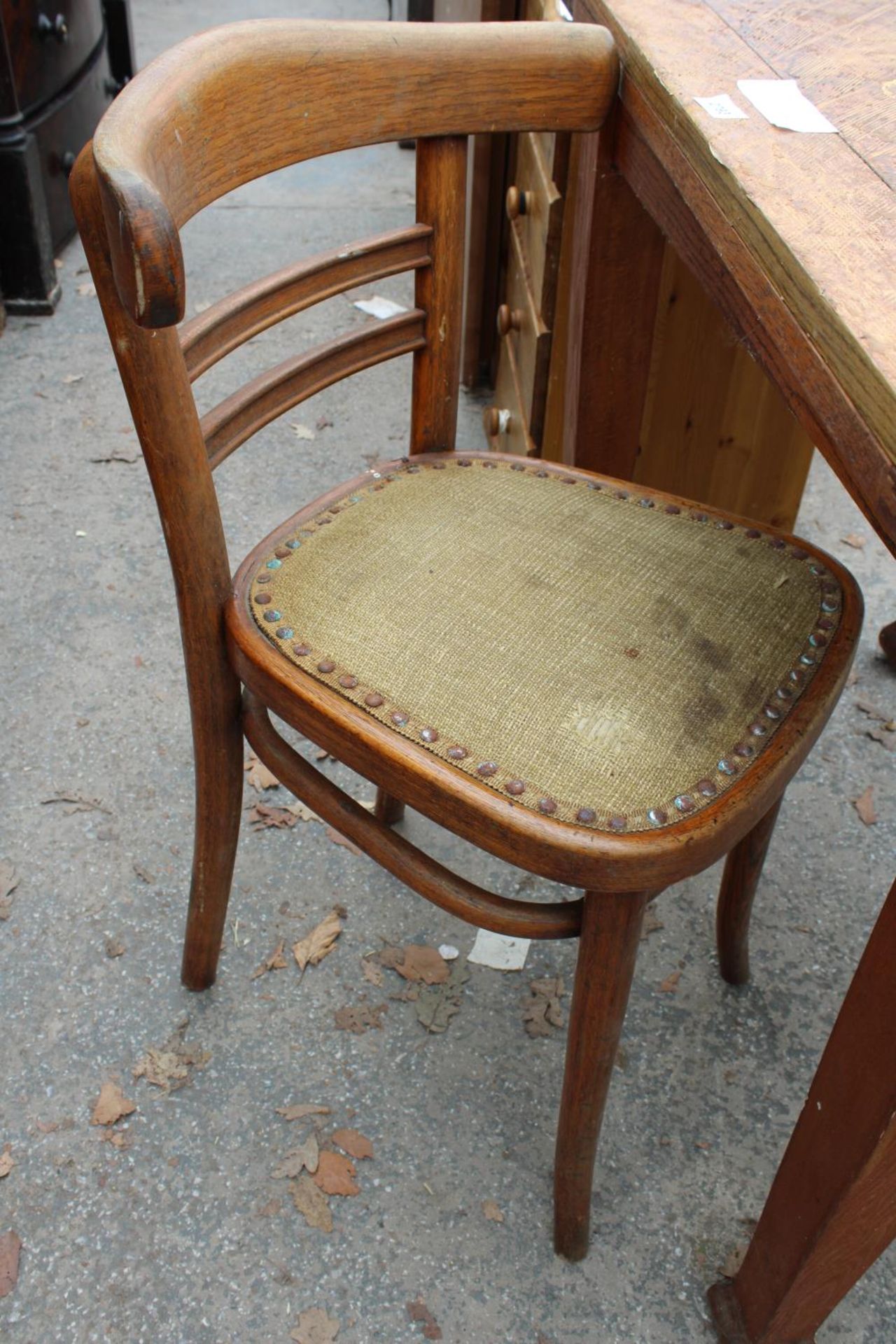 AN OAK FOLD OVER WORK TABLE AND A PAIR OF BENTWOOD CHAIRS - Image 3 of 3