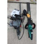 A BOSCH BATTERY POWERED HEDGE TRIMMER AND AN OREGON ELECTRIC CHAIN SAW
