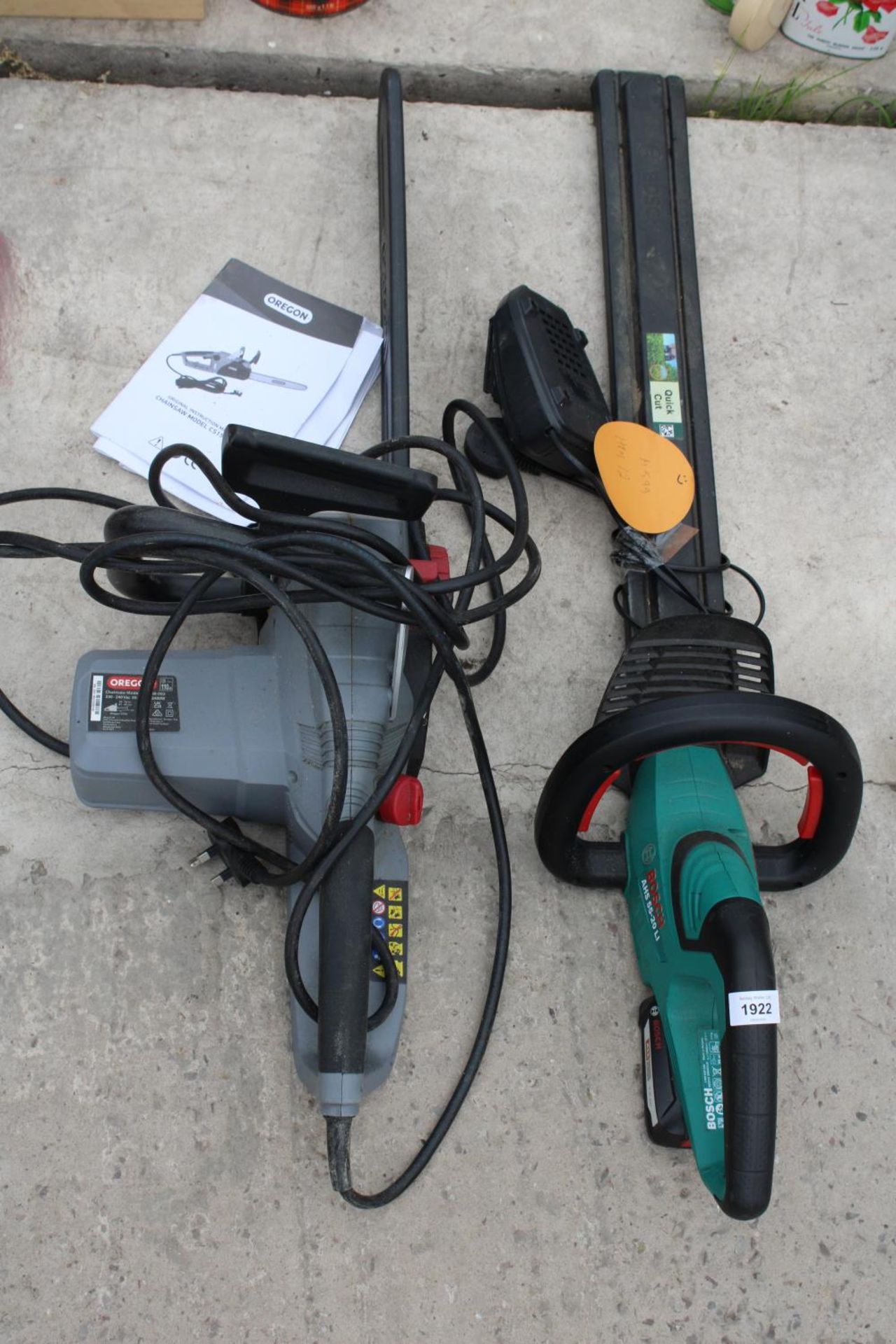 A BOSCH BATTERY POWERED HEDGE TRIMMER AND AN OREGON ELECTRIC CHAIN SAW