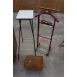 THREE ITEMS TO INCULE AN UPHOLSTERED FOOTSTOOL, A MAHOGANY SUIT STAND AND A TALL SIDE TABLE