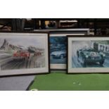 THREE FRAMED PRINTS OF CLASSIC RACING CARS, TO INCLUDE MGA 2 SEATER, 1989 PIRELLI CLASSIC MARATHON