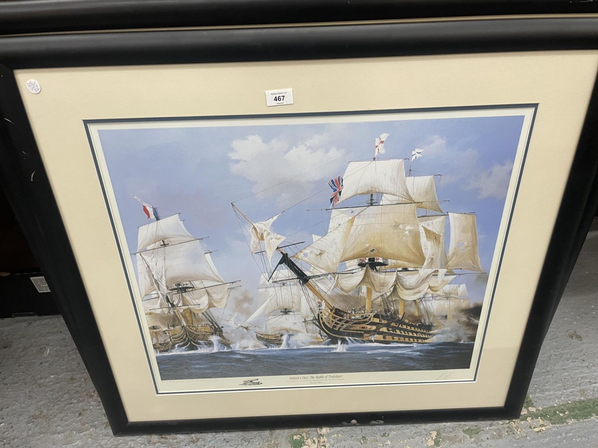 A FRAMED COLOUR SIGNED LIMITED EDITION 672/1150 PRINT OF 'NELSONS DAY, THE BATTLE OF TRAFALGAR' BY