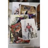 A QUANTITY OF SUPERHERO RELATED POSTERS, MAGAZINES PLUS A MIXED MEDIA PICTURE OF SPIDERMAN WITH